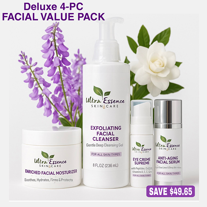 VALUE PACK 7: DELUXE FACIAL PACK: Enriched Facial Moisturizer plus Exfoliating Facial Cleanser plus Eye Creme Supreme plus Anti-Aging Serum  $199.95, Free SH