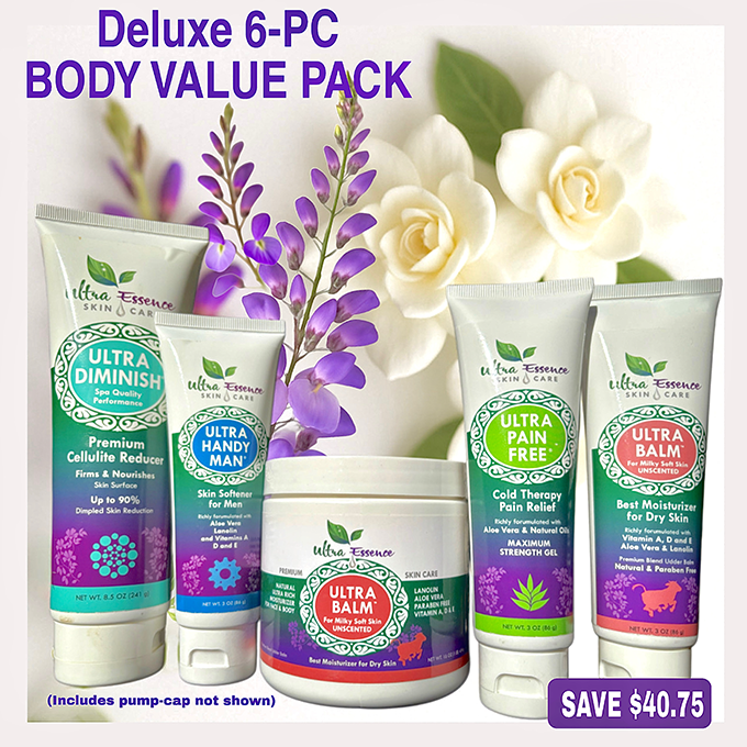 VALUE PACK 8: DELUXE 6-PC BODY PACK: Ultra Diminish plus Ultra Handy Man plus Ultra Balm Unscented Jar plus Ultra Pain Free plus Ultra Balm Tube (w/Jar Pump Cap) $99.00 + Free SH