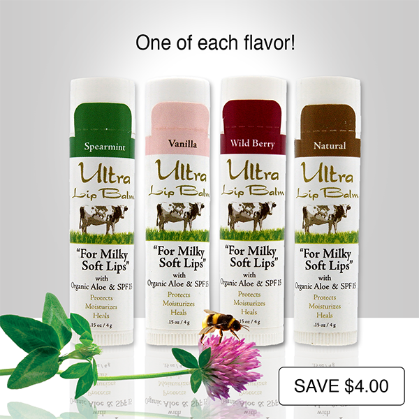Ultra Lip Balm Variety 4-Pack comes in natural, spearmint, vanilla and spearmint flavors. Restores dry, cracked lips to soft and supple and contains SPF 15 sunscreen to protect your lips from sun damage.