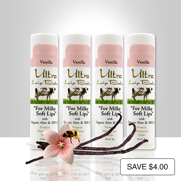 Ultra Lip Balm 4-Pack vanilla flavor restores dry, cracked lips to soft and supple and contain SPF 15 sunscreen to protect your lips from sun damage.