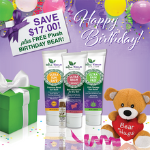 Load image into Gallery viewer, Our 4-Piece Essentials Skincare Gift Collection comes with 4 Ultra Essence skin care products, including our signature Ultra Balm moisturizer (unscented), for gorgeous, ageless, healthy skin. And, it comes with a FREE plush Birthday Bear!