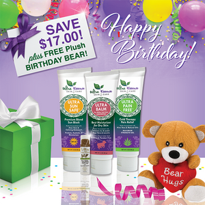 Our 4-Piece Essentials Skincare Gift Collection comes with 4 Ultra Essence skin care products, including our signature Ultra Balm moisturizer (unscented), for gorgeous, ageless, healthy skin. And, it comes with a FREE plush Birthday Bear!