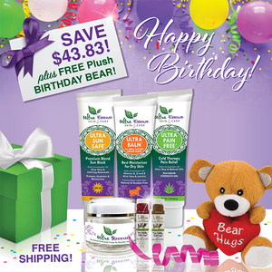 Our 6-Piece Premium Skincare Gift Collection comes with 6 Ultra Essence skin care products, including our signature Ultra Balm moisturizer (unscented), for gorgeous, ageless, healthy skin. And, it comes with a FREE plush Birthday Bear!