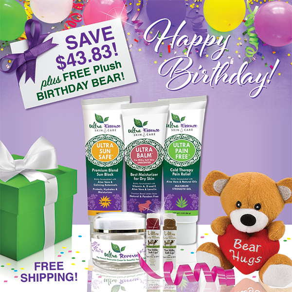 Our 6-Piece Premium Skincare Gift Collection comes with 6 Ultra Essence skin care products, including our signature Ultra Balm moisturizer (unscented), for gorgeous, ageless, healthy skin. And, it comes with a FREE plush Birthday Bear!